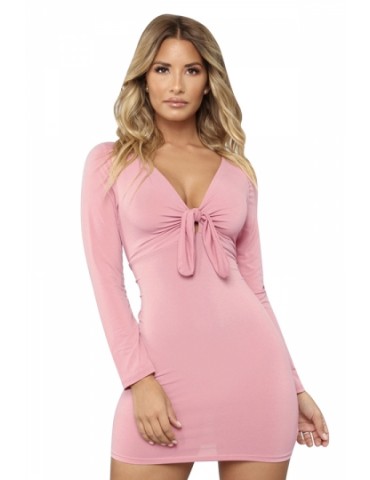Beautiful Long Sleeve V Neck Tie Front Plain Bodycon Mini Dress Pink