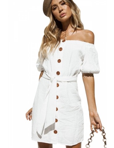Off Shoulder Short Sleeve Buttons Designed Tie Waist Mini Dress White