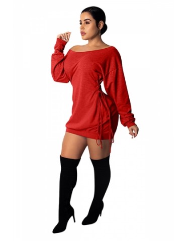 Long Sleeve Off Shoulder Sides Lace Up Loose Plain Shirt Dress Red