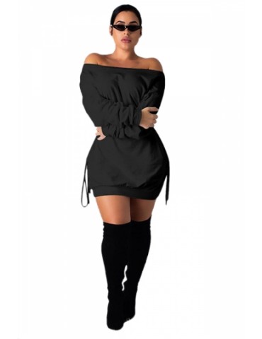 Long Sleeve Off Shoulder Sides Lace Up Loose Plain Shirt Dress Black