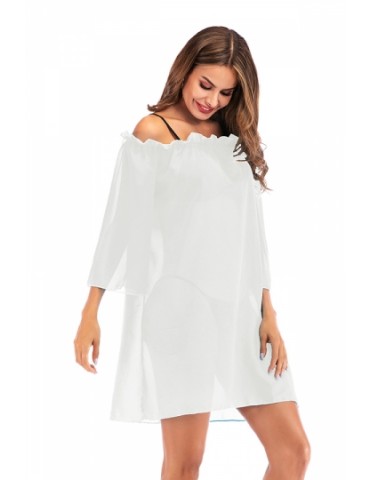 3/4 Sleeve Ruffle Plain Mesh Sheer Beach Dress White