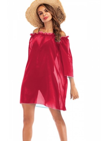 3/4 Sleeve Plain Mesh Sheer Ruffle Beach Dress Red