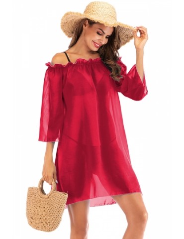 3/4 Sleeve Plain Mesh Sheer Ruffle Beach Dress Red