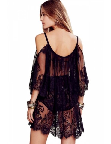 Cheap Black Sheer String Lace Hollow Out Beautiful Ladies Beach Dress