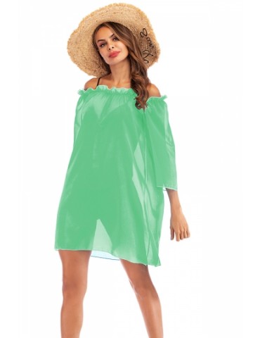 3/4 Sleeve Flounce Plain Mesh Sheer Beach Dress Green