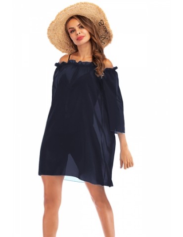 3/4 Sleeve Ruffle Mesh Sheer Plain Beach Dress Navy Blue