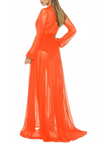Long Sleeve Tie Front Mesh Maxi Beach Dress Orange