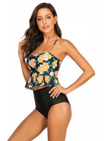 Floral Print Ruffle High Waisted Two-Piece Swimsuit Black
