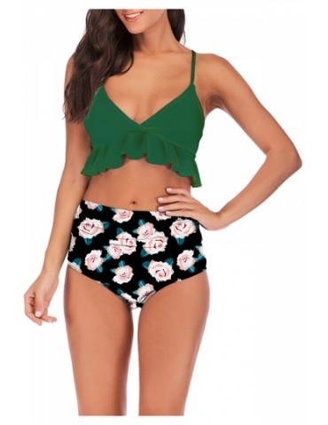 Floral Print Ruffle High Waisted Pleated Two-Piece Swimsuit Green