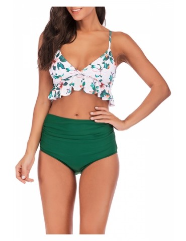 Floral Print Ruffle High Waisted Pleated Two-Piece Swimsuit White