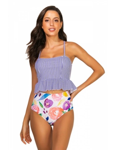 Color Block Striped Print Ruffle High Waisted Two-Piece Swimsuit Blue
