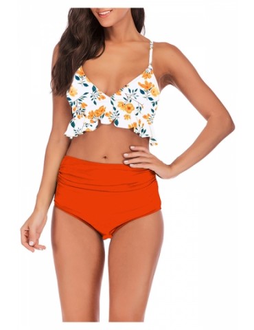 Floral Print Ruffle High Waisted Pleated Two-Piece Swimsuit Tangerine