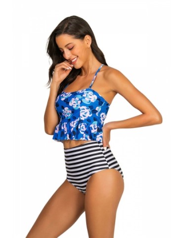 Floral Print Ruffle High Waisted Two-Piece Swimsuit Sapphire Blue