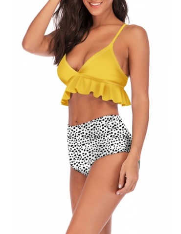 Dot Print Ruffle High Waisted Pleated Two-Piece Swimsuit Yellow