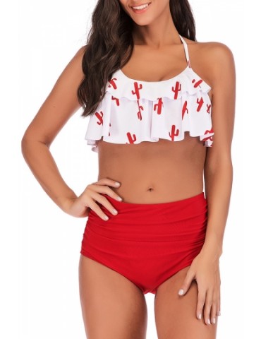 Halter Backless Print Ruffle Pleated Two-Piece Swimsuit Red