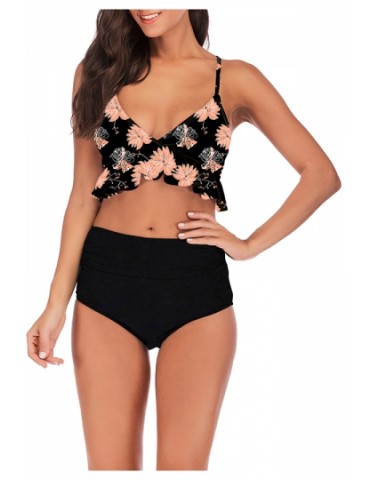 Floral Print Ruffle High Waisted Pleated Two-Piece Swimsuit Black
