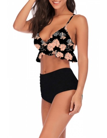 Floral Print Ruffle High Waisted Pleated Two-Piece Swimsuit Black