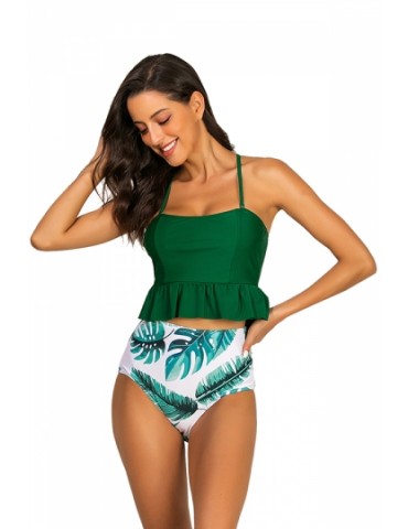Color Block Leaf Print Ruffle High Waisted Two-Piece Swimsuit Green