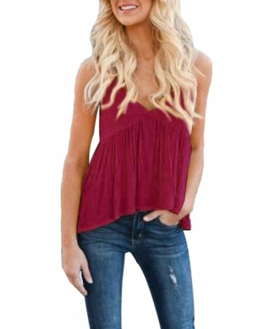 Casual V Neck Racerback Pleated Plain Tank Top Ruby