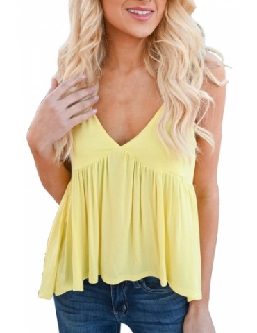 Casual V Neck Racerback Pleated Plain Tank Top Yellow