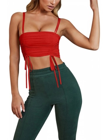 Beautiful Plain Cinched Pleated Crop Tank Top Red