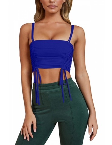 Beautiful Plain Cinched Pleated Crop Tank Top Sapphire Blue
