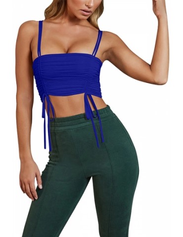 Beautiful Plain Cinched Pleated Crop Tank Top Sapphire Blue