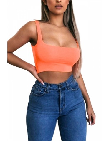 Beautiful Square Neck Wide Strap Sleeveless Plain Crop Top Pink