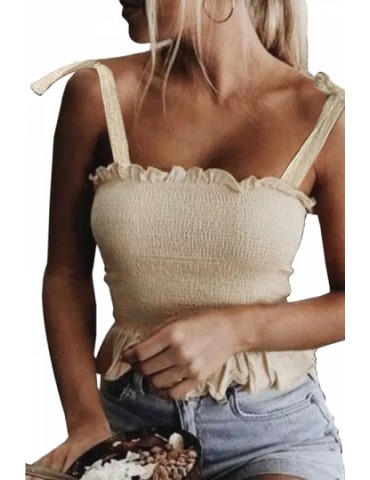 Beautiful Tie Shoulder Frill Smocked Crop Top Apricot