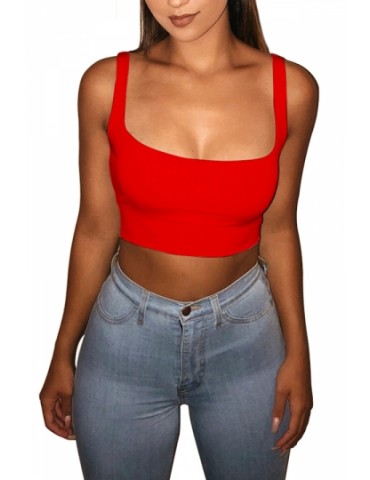 Beautiful Square Neck Wide Strap Sleeveless Plain Crop Top Red