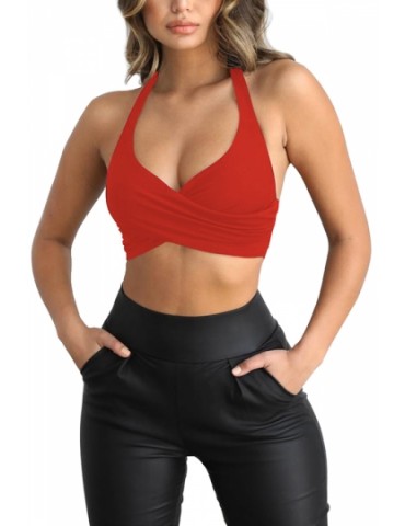 Beautiful Halter Backless Wrap Pleated Plain Crop Top Red