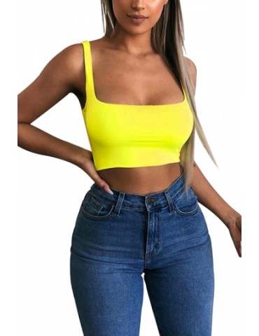 Beautiful Square Neck Wide Strap Sleeveless Plain Crop Top Yellow