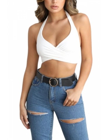 Beautiful Halter Backless Wrap Pleated Plain Crop Top White