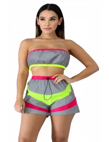 Bandeau Top Color Block High Waisted Shorts Two-Piece Set Green