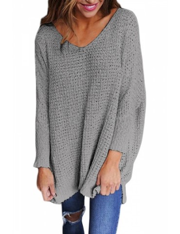 Plus Size V Neck Long Sleeve Loose Plain Sweater Gray