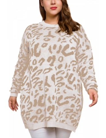 Plus Size Pullover Sweater Leopard Beige White