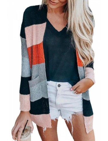Color Block Cardigan With Pocket Red