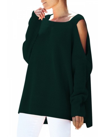 Cold Shoulder Plain Loose Square Neck Sweater Dark Green