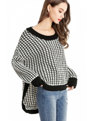 Crew Neck Long Sleeve Drop Shoulder High Low Loose Knit Sweater