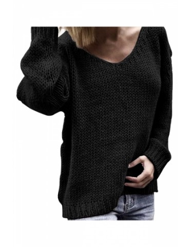 Casual V Neck Plain Loose Pullover Sweater Black