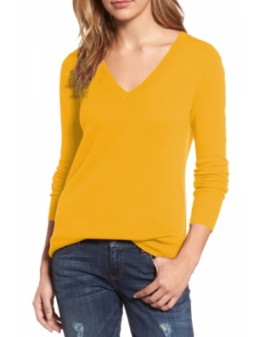 Womens V-Neck Long Sleeve Plain Pullover Sweater Yellow