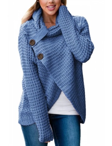 Cowl Neck Long Sleeve Button Asymmetrical Hem Wrap Sweater Light Blue
