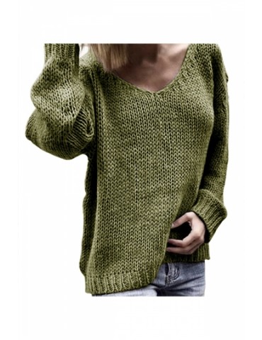 Casual V Neck Loose Plain Pullover Sweater Olive