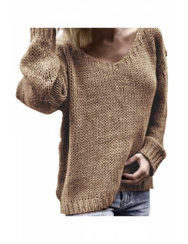 Casual V Neck Plain Loose Pullover Sweater Khaki
