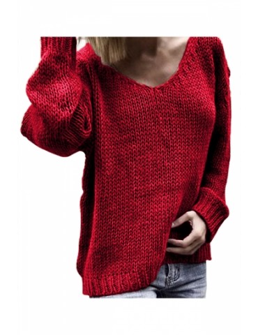 Casual Plain Loose V Neck Pullover Sweater Ruby