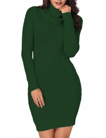 Cable Knit Sweater Dress High Neck Dark Green