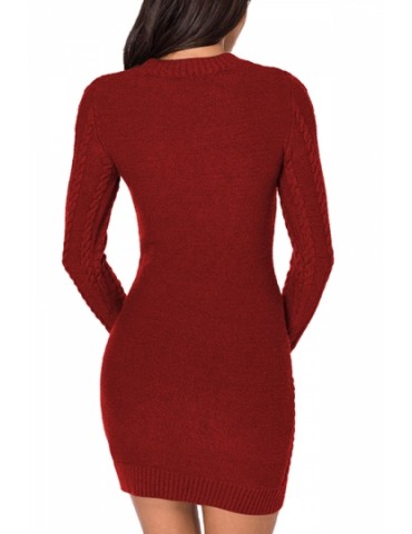 Cable Knit Sweater Dress Long Sleeve Ruby