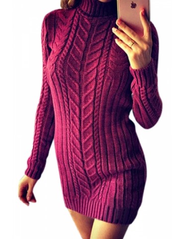 High Neck Long Sleeve Bodycon Cable Knit Mini Sweater Dress Burgundy