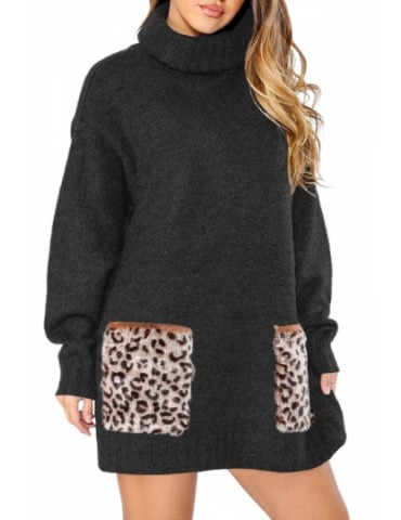 Leopard Panel Sweater Dress Long Sleeve Black
