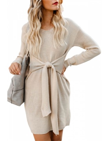 Long Sleeve Knit Sweater Dress With Tie Apricot